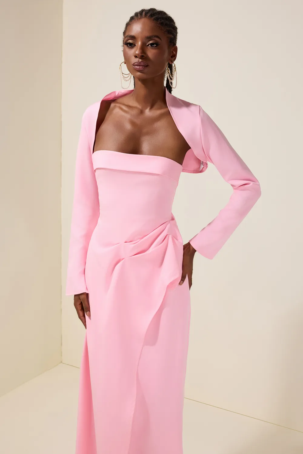Ruched Slit Maxi Dress With Cardigan