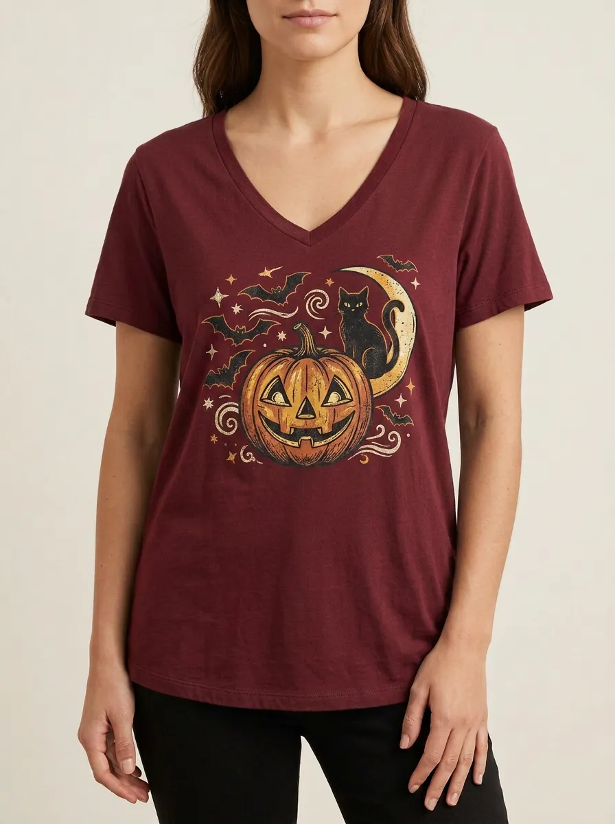 Women's Halloween Pumpkin Cat Moon Bats Printed V-neck T-shirt
