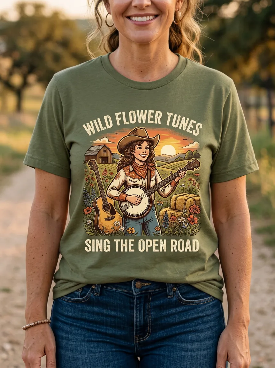 Country-Road Banjo Cowgirl Country Music Crewneck T-Shirt