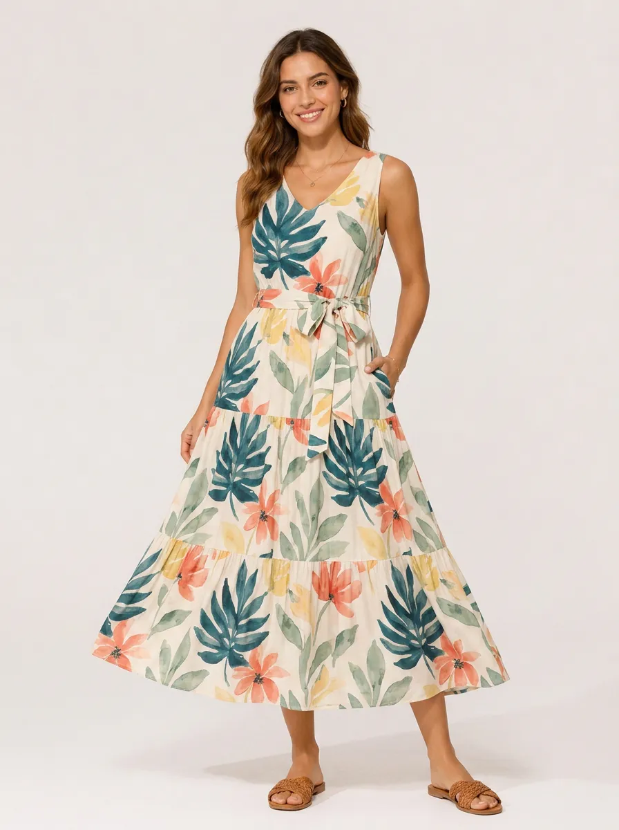 Women's Tropical Botanical Floral Watercolor Printed Midi Dress
