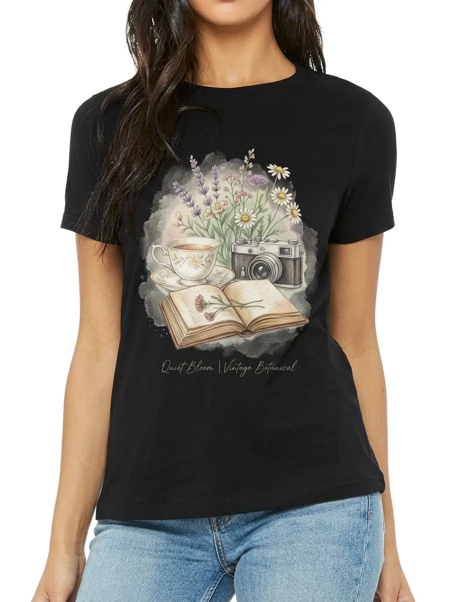 Women's Book Tea Camera Lover Vintage Botanical Printed T-shirt