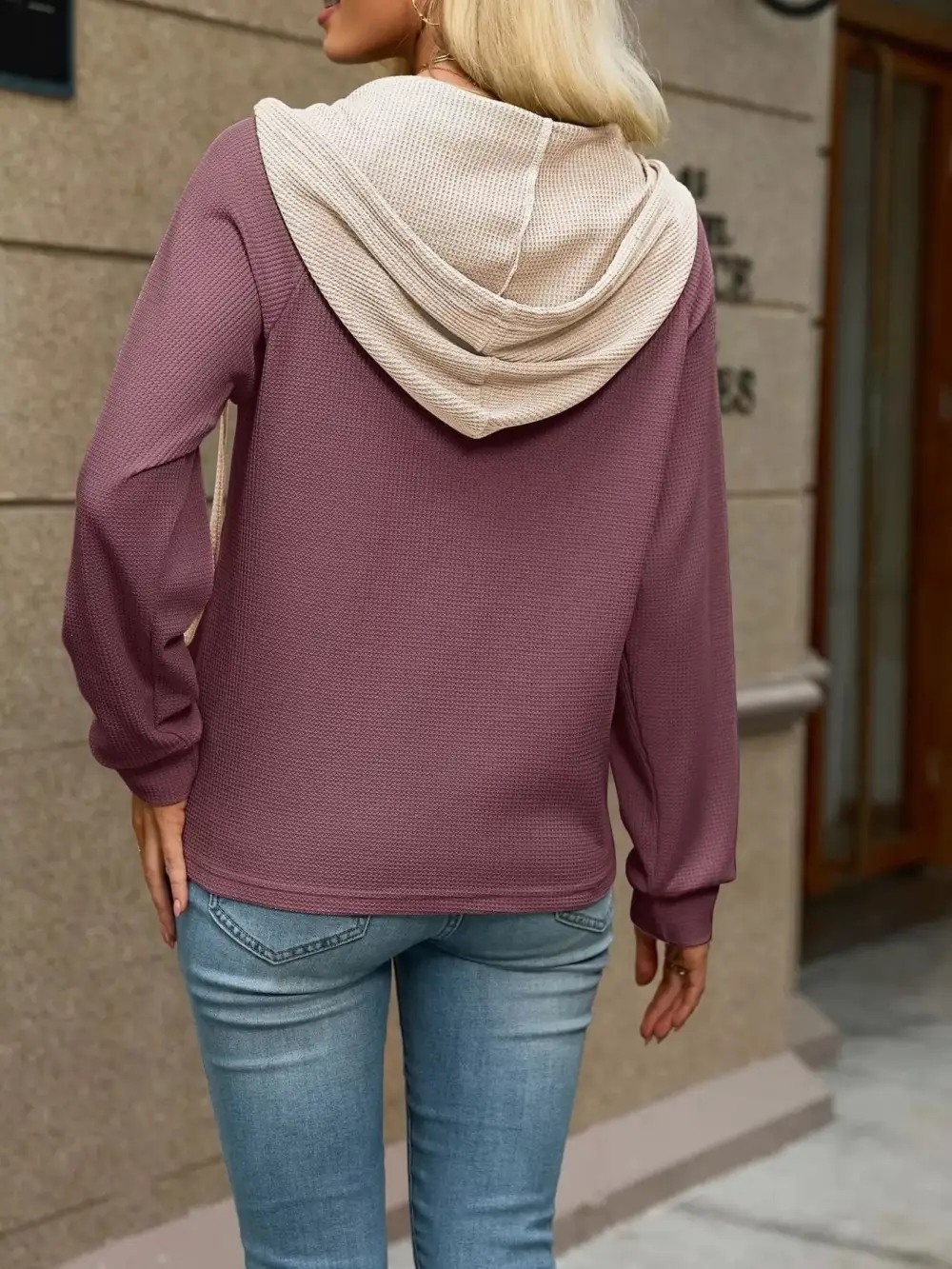 Relaxed Drawstring Buttoned Waffle-Textured Knit Hoodie