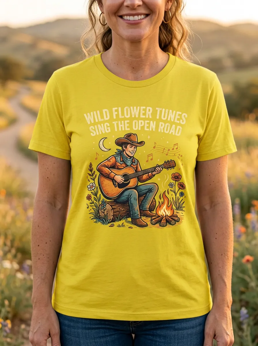 Rustic Country Music Cowboy Guitar Campfire Crew Neck T-Shirt