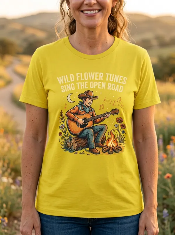 Rustic Country Music Cowboy Guitar Campfire Crew Neck T-Shirt