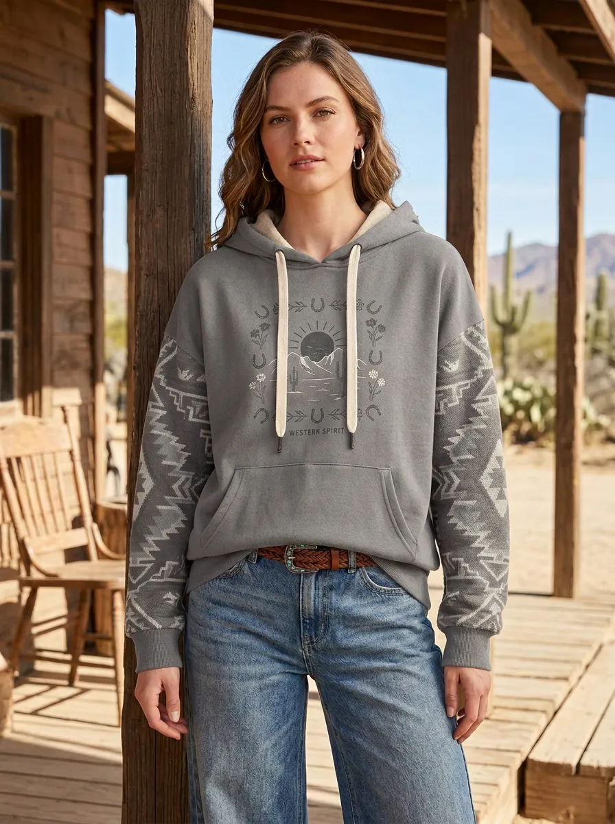 Women's Western Spirit Desert Cactus Horseshoe Printed Hoodie