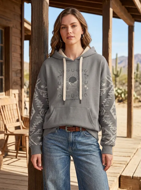 Women's Western Spirit Desert Cactus Horseshoe Printed Hoodie