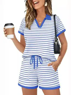 Refined Drawstring Pocketed Striped Top and Shorts Matching Set