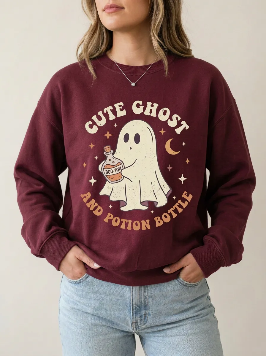 Women's Halloween Ghost Potion Bottle Printed Sweatshirt