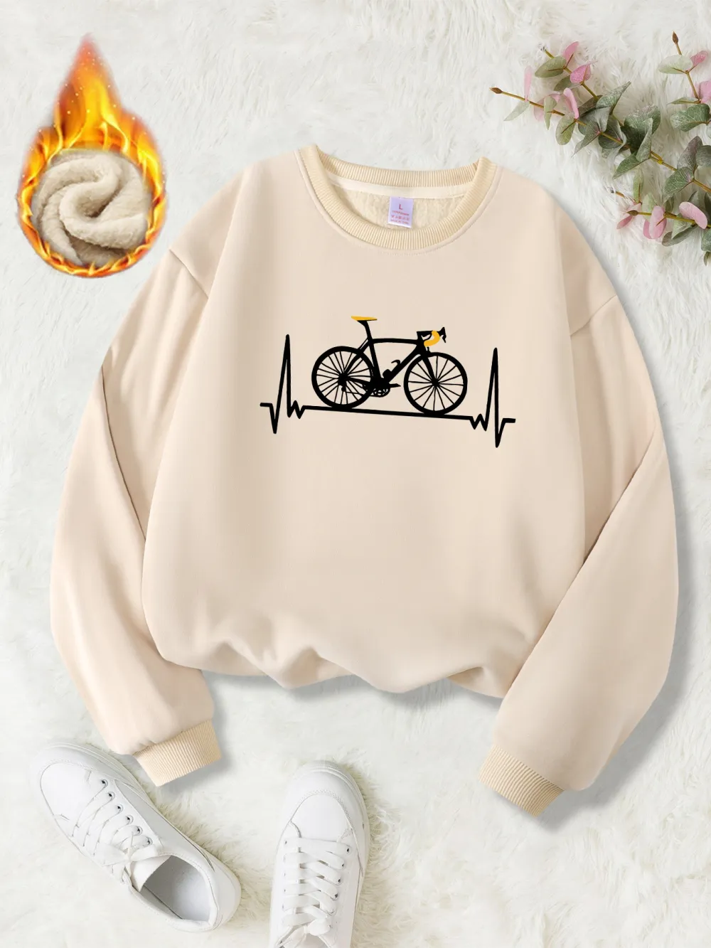 Beige With Black & Heartbeat Print Sweatshirt