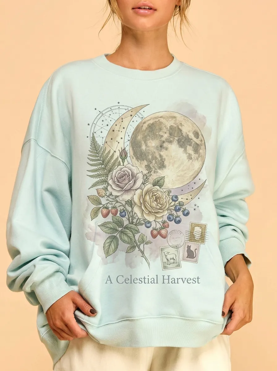 Women's Celestial Harvest Moon Floral Strawberry Printed Sweatshirt