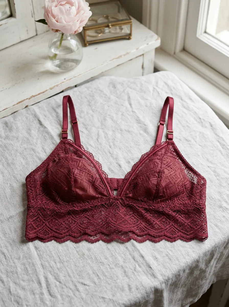 Women's Burgundy Floral Lace Bralette Printed Lingerie