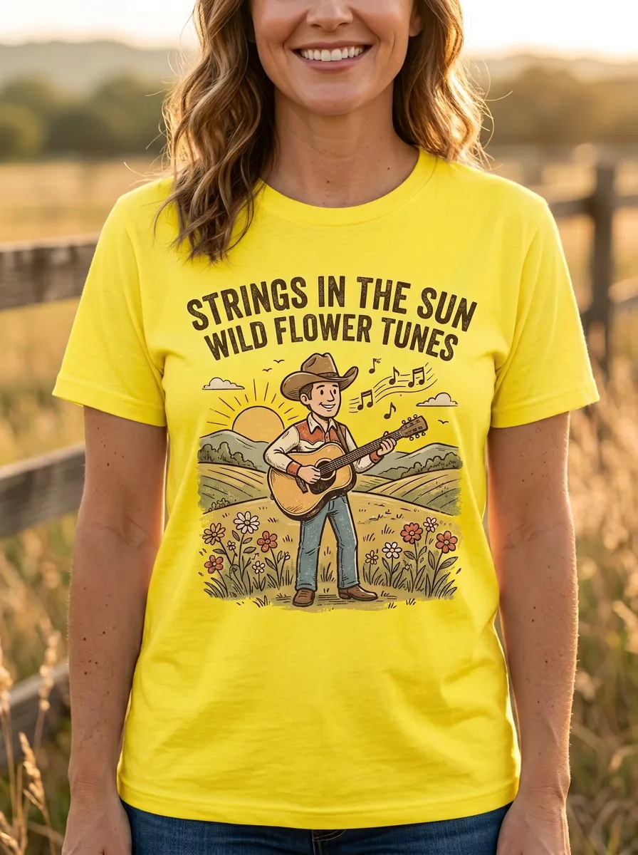 Country Music Cowboy Guitar Wildflower Crew Neck T-Shirt