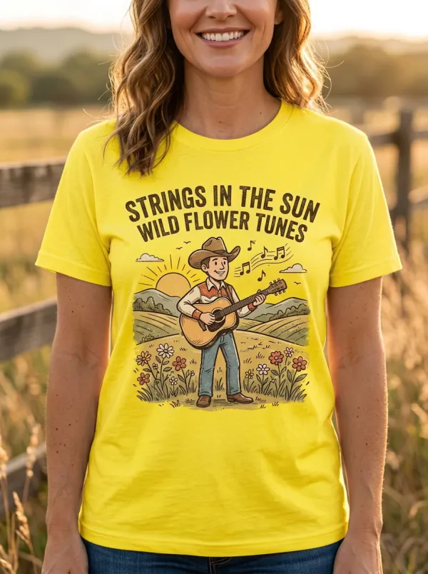 Country Music Cowboy Guitar Wildflower Crew Neck T-Shirt
