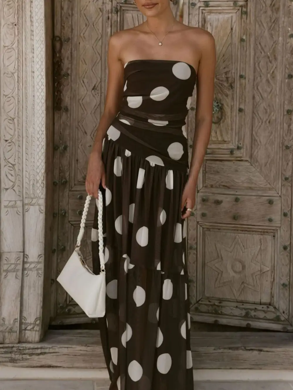 Ruched Strapless Polka-Dot Maxi Dress