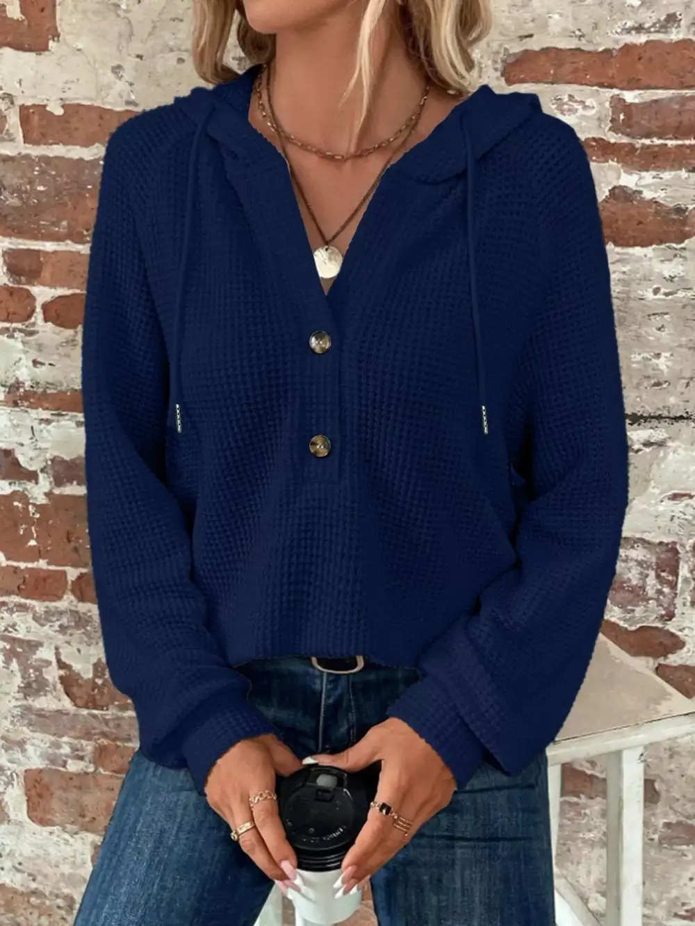 Drawstring Buttoned Pocketed Waffle-Textured Hoodie