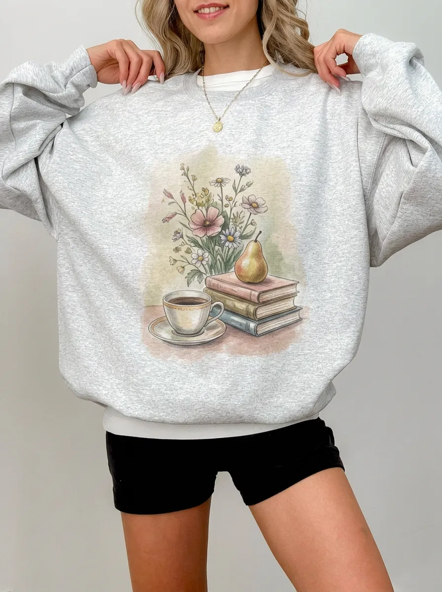 Women's Book Lover Coffee Pear Floral Printed Sweatshirt