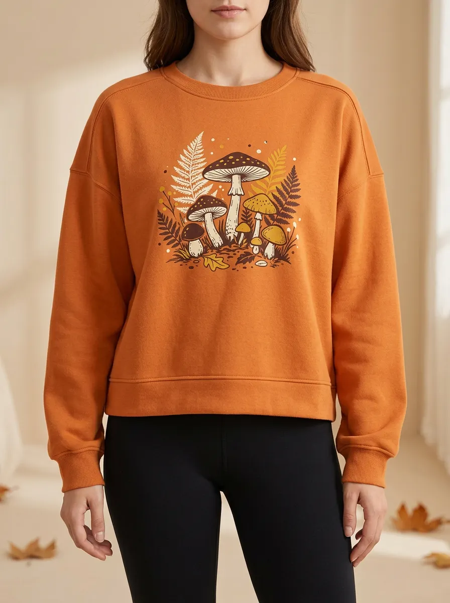 Printed Mushroom Fern Graphic Sweatshirt