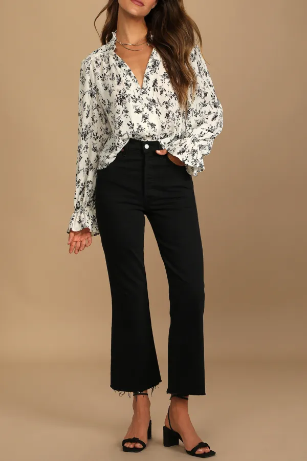 Daily Floral Print Button-Up Long Sleeve Top