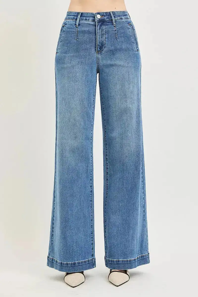Tummy Control High Rise Wide Leg Cropped Pocketed Denim Jeans