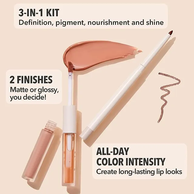 3-In-1 Lip Liner Moisturizing Plant Extracts Long Lasting Liquid Lipstick Plumping Lip Gloss Makeup Set