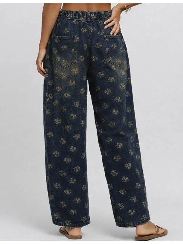 Elastic Waist Barrel Leg Denim Easy Pants