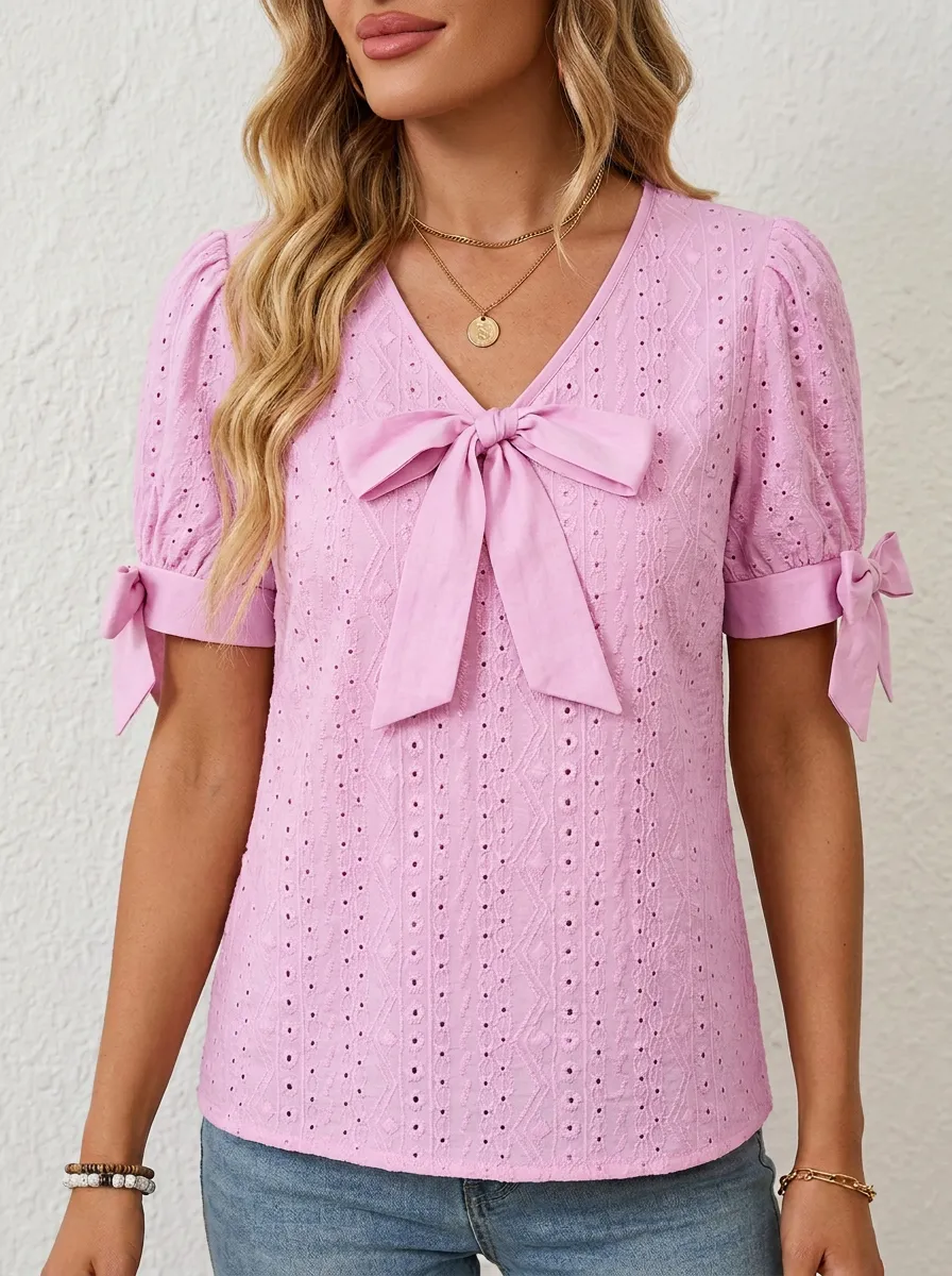 Women's V-neck Bow-detail Puff Sleeve Blouse