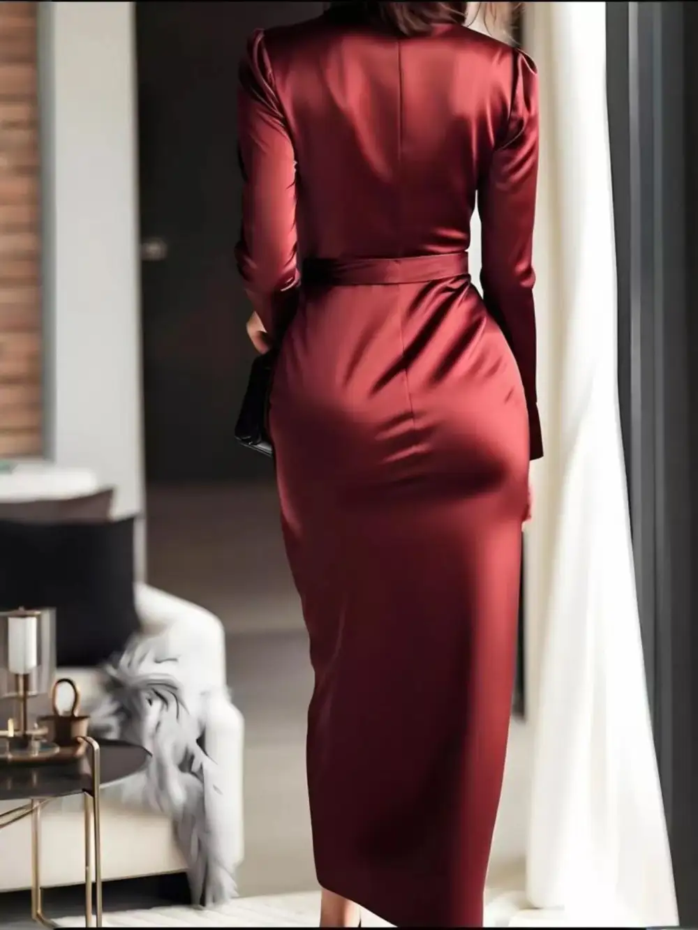 Surplice Long-Sleeve Satin Casual Dress