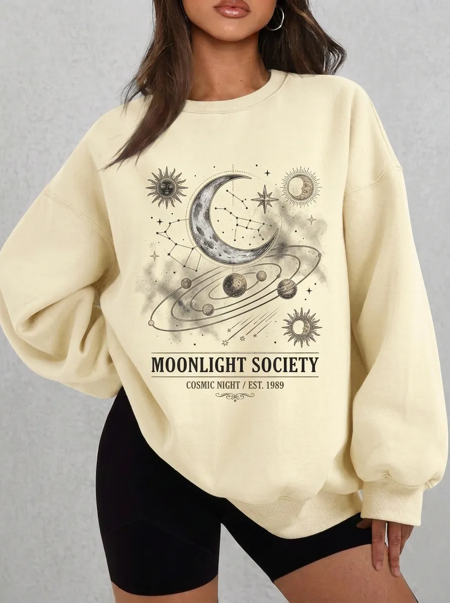 Women's Celestial Moon Sun Planets Moonlight Society Printed T-shirt
