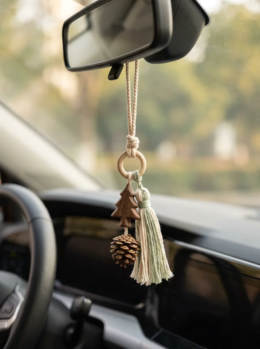 Macrame Pine-Tree Rearview Mirror Hanging Ornament