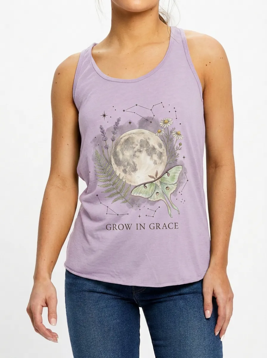 Women's Celestial Moth Moon Floral Printed Tank Top