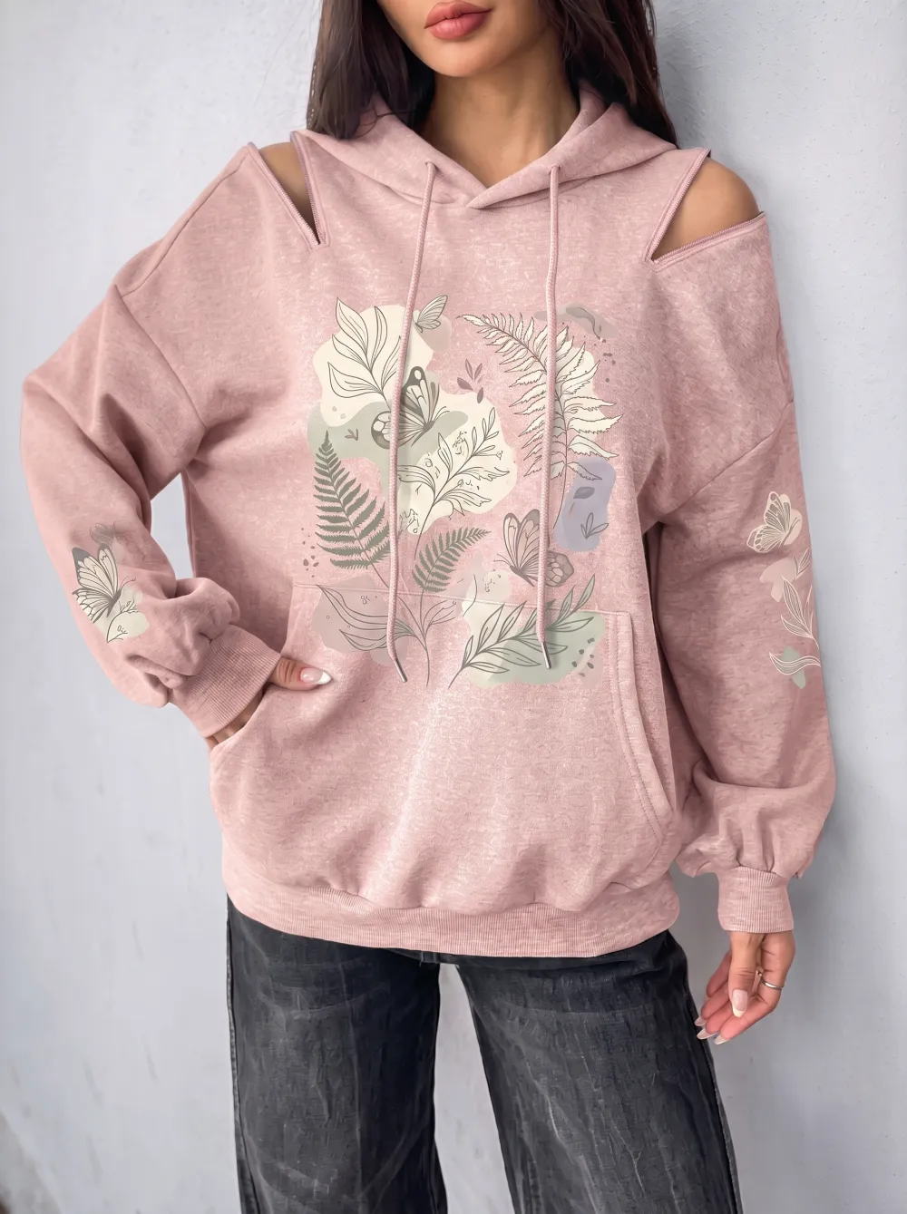 Women's Butterfly Fern Botanical Printed Cold Shoulder Hoodie