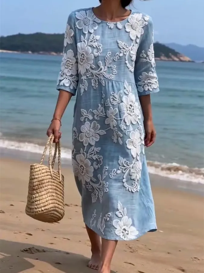 Women's Casual Round Neck Mid Sleeve Print Cotton and Linen Dress