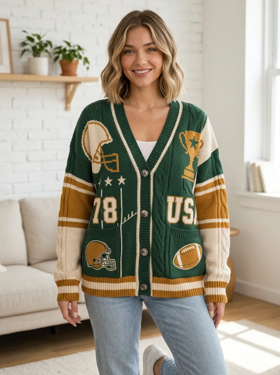 Women's Classic Heritage Inspired Helmet Football Trophy Knitted Cardigan