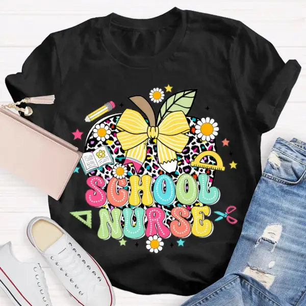 School Nurse Polka Dot Apple And Bow T-Shirt