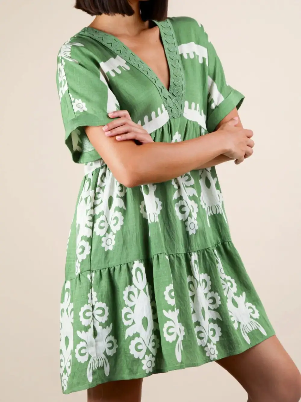 Printed V Neck Short Sleeve Mini Dress