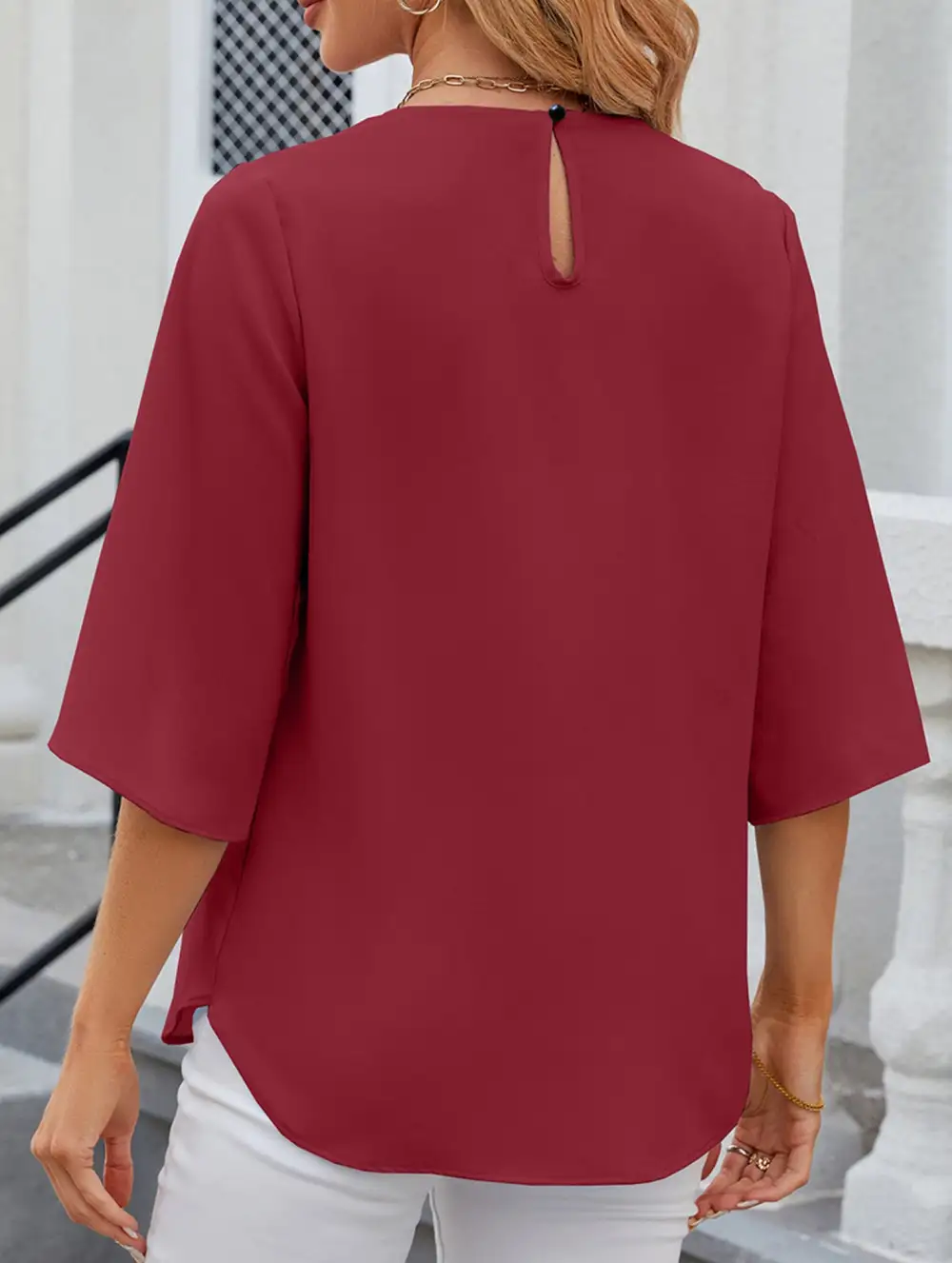 Chiffon Crew Neck Half Sleeve Blouse