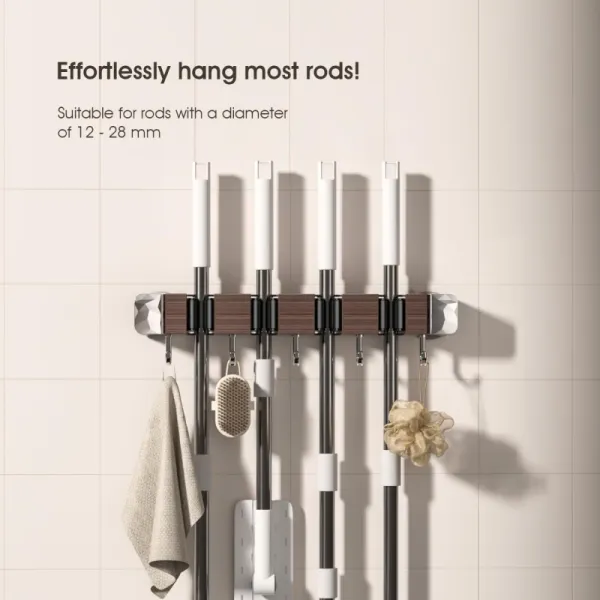 Wooden Mop Hanger with Hooks