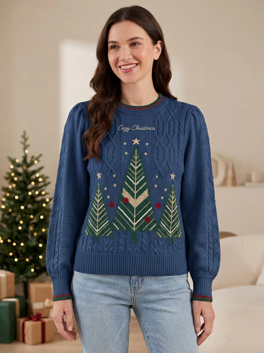 Festive Christmas Holiday Pine Tree Pattern Knitted Sweater