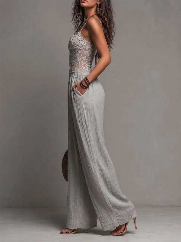 Bohemian Light Grey Lace And Crinkle Cotton Wide-Leg Jumpsuit