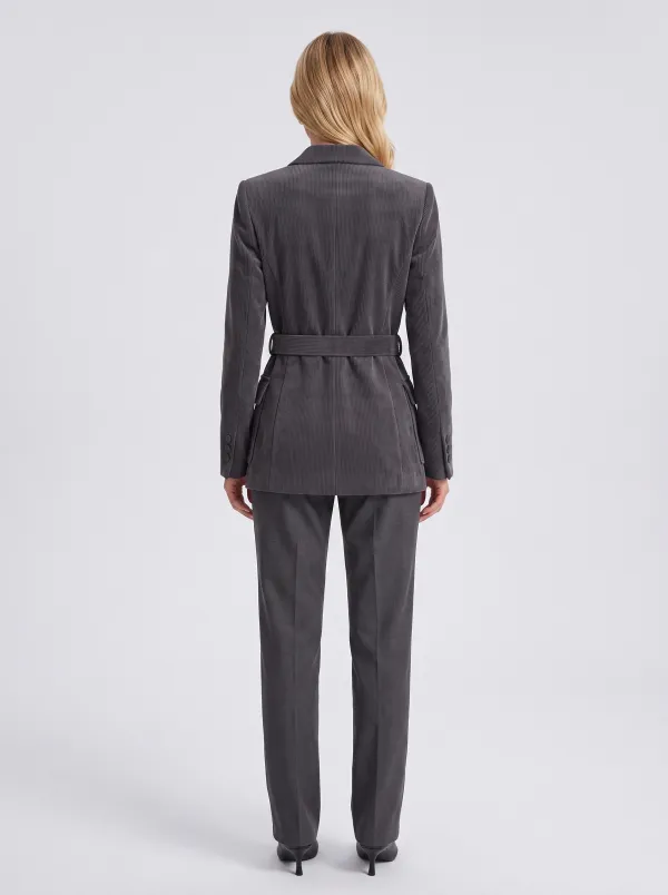 Women's Grey Corduroy Double-Breasted Belted Blazer Jacket
