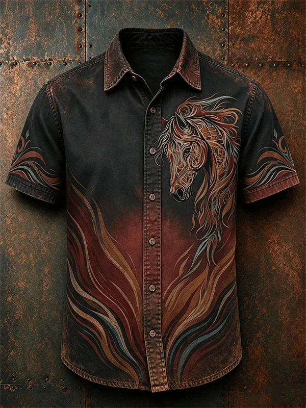 Men's Retro Southwest Horse Art Print Washed Short Sleeve Shirt