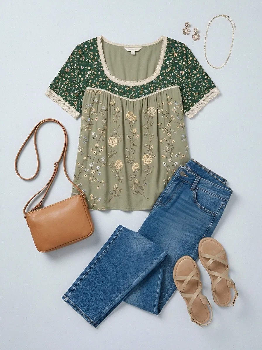 Women's Boho Floral Vintage Rose Embroidered Printed Short Sleeve T-Shirt