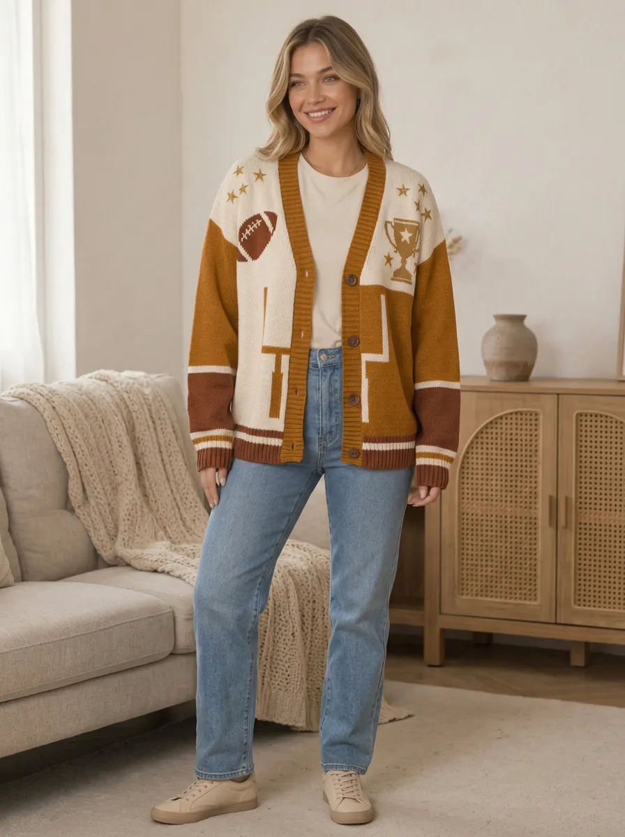 Women's Bold Gridiron Trophy Star Ball Knit Cardigan