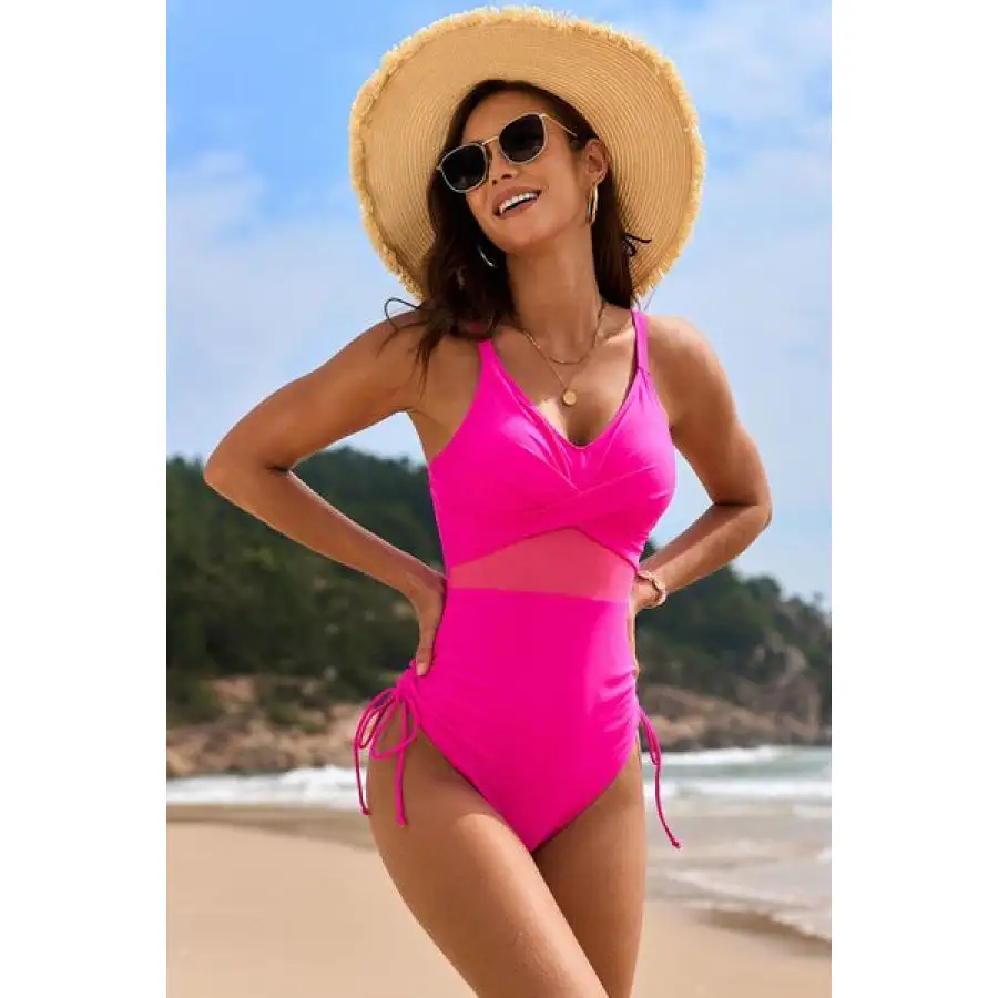 Women's Crisscross Ruched V-Neck Drawstring One-Piece Swimsuit