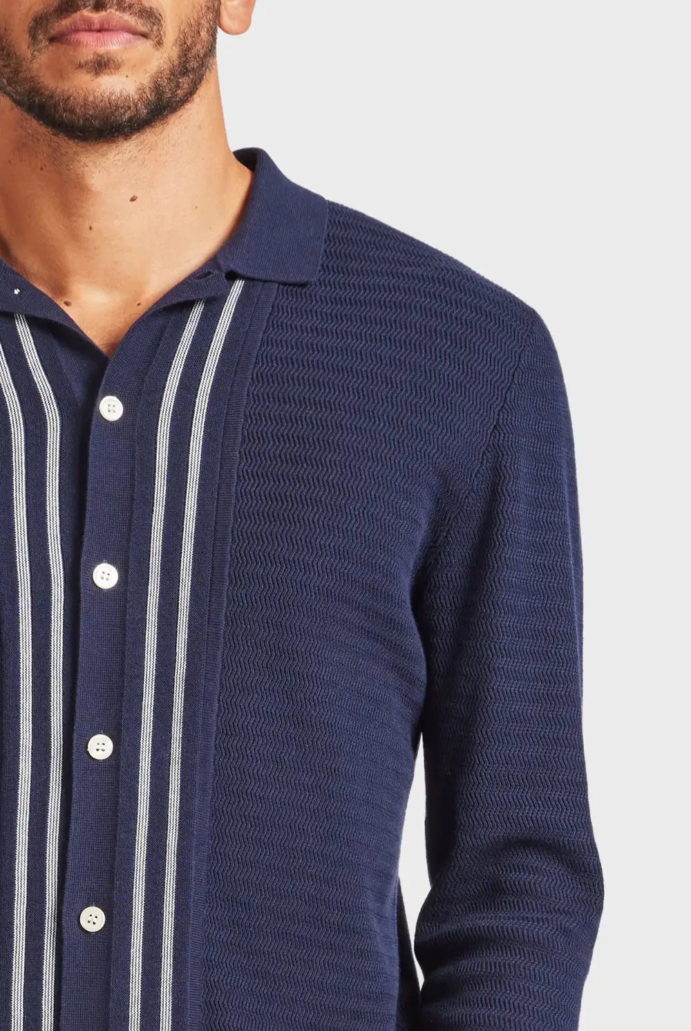 Chambray Cotton Casual Knit Shirt- Navy