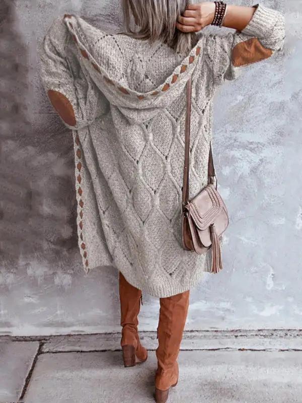 Hooded Long-Sleeve Drop-Shoulder Knit Cardigan
