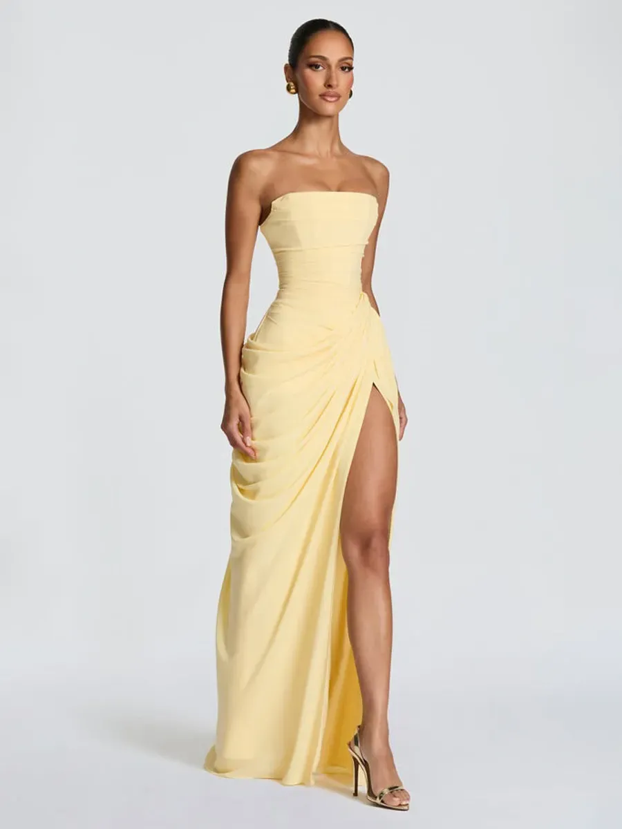 Giselle Ruched Slit Strapless Maxi Dress