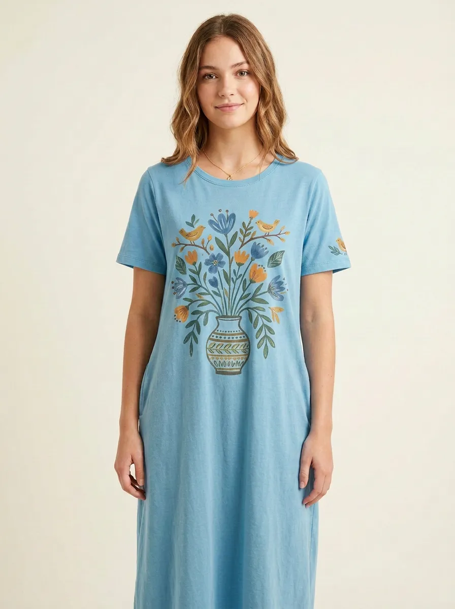 Nature Lover Floral Vase Bird T-Shirt Dress