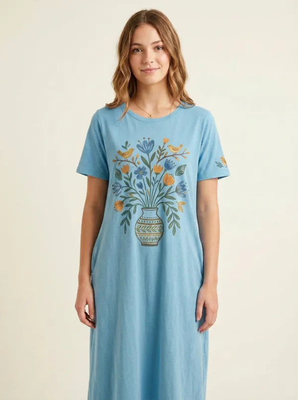 Nature Lover Floral Vase Bird T-Shirt Dress
