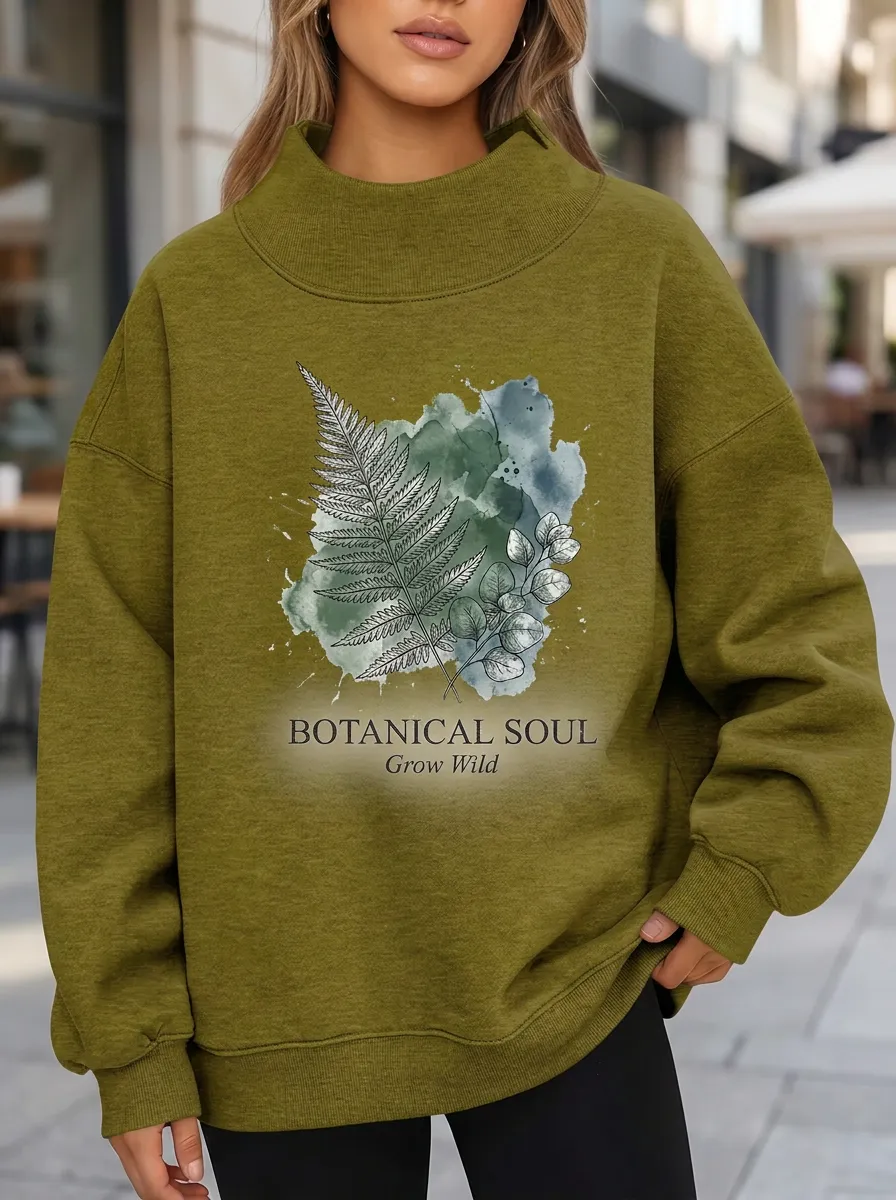 Botanical Soul Fern Watercolor Mock Neck Sweatshirt